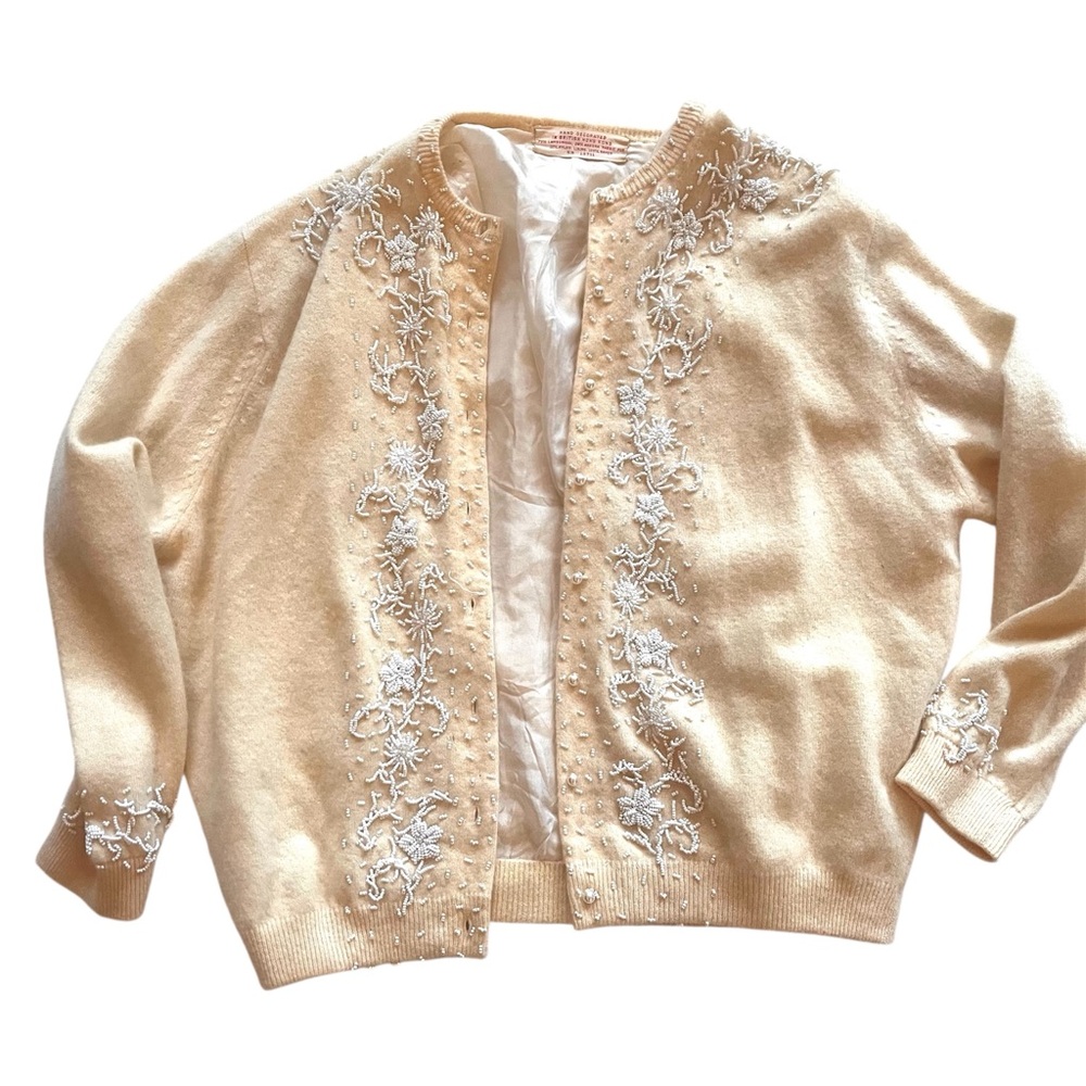 Vintage 1950s Cream Cardigan White Beadwork